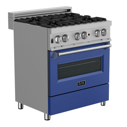 ZLINE 30 in. 4.0 cu. ft. Legacy Dual Fuel Range with 4 Burner Gas Cooktop and Electric Convection Oven in DuraSnow® Stainless Steel and Blue Matte Door (RAS-BM-30)