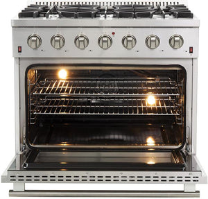 Forno Package - 36 Inch Gas Range, Wall Mount Range Hood, Refrigerator, Microwave Drawer, Dishwasher, AP-FFSGS6244-36-W-8