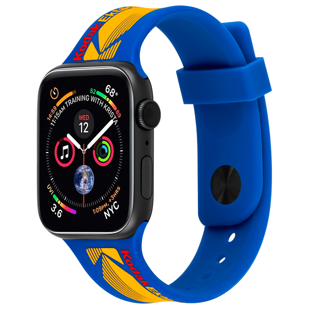 Blue, yellow and red Kodak print Apple Watch Band. color::Ektachrome Blue
