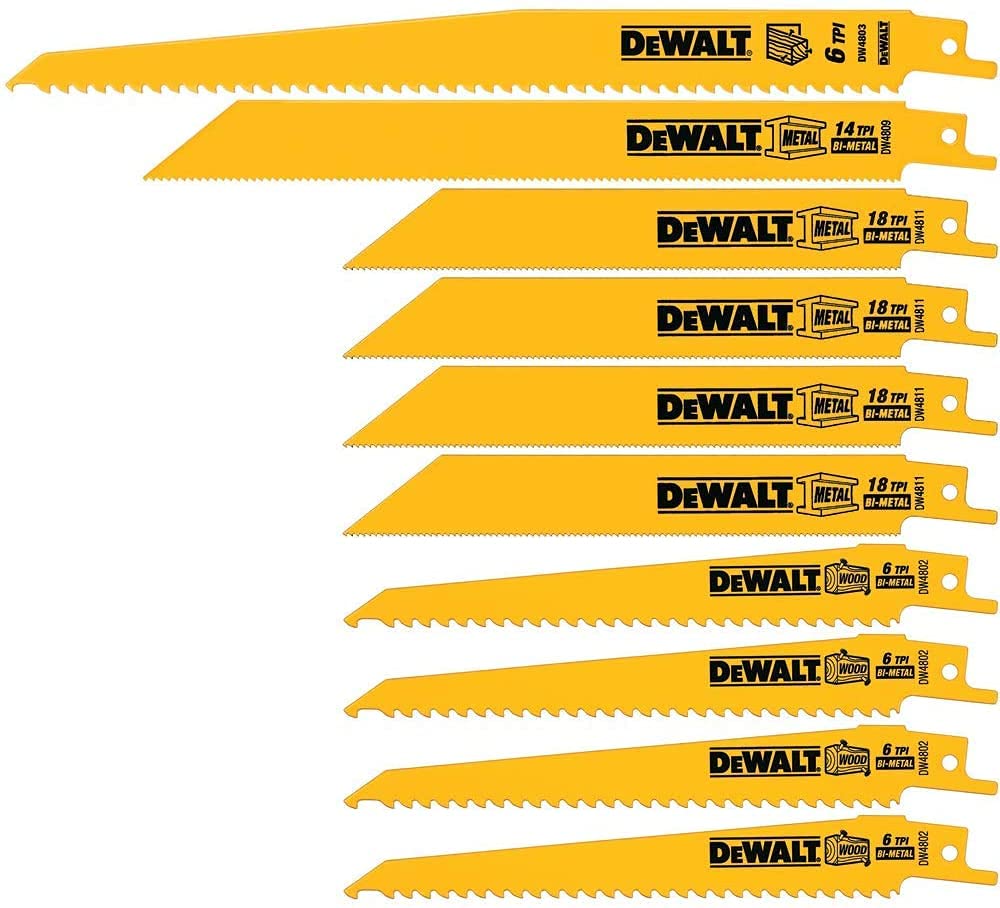 DEWALT Reciprocating Saw Blades, Bi-Metal Set with Case, 10-Piece DW4898