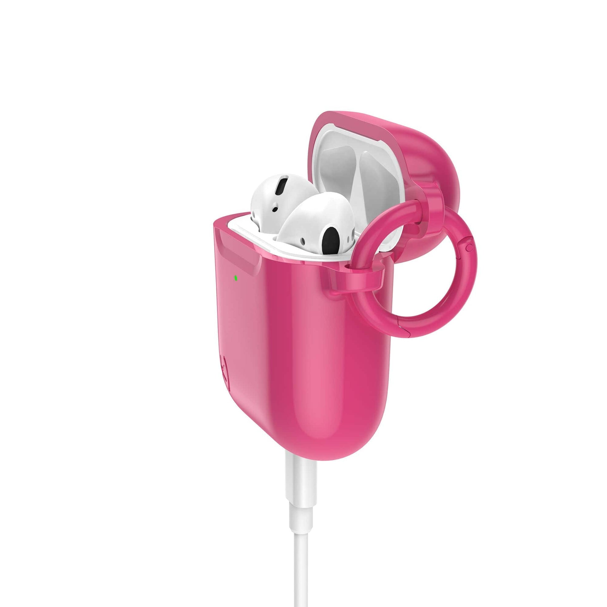 Three-quarter view of front of the case, with lid open and charge cable attached