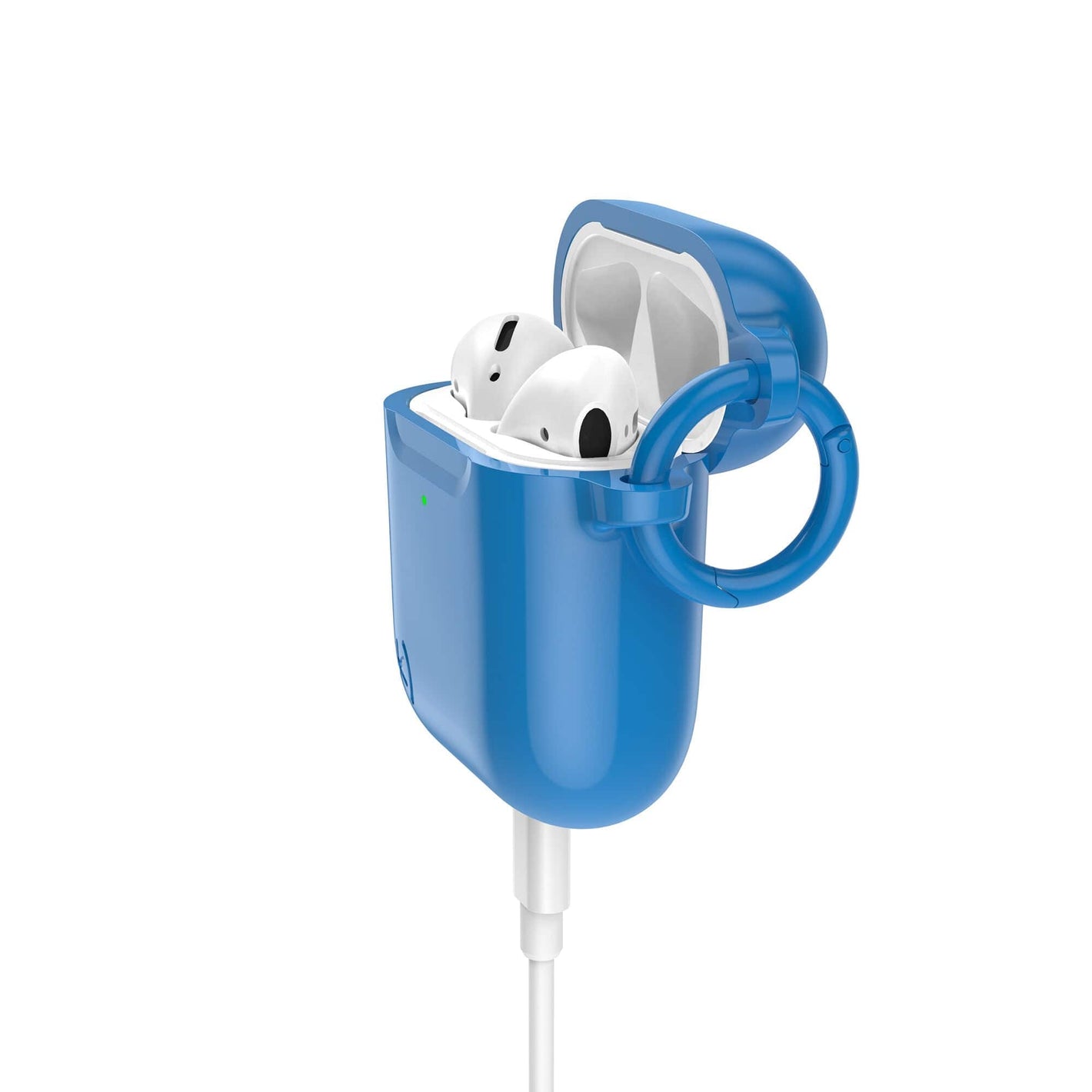 Three-quarter view of front of the case, with lid open and charge cable attached