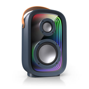 Three-quarter view of speaker with rainbow colored light show activated#color_dark-grey-chrome-tan