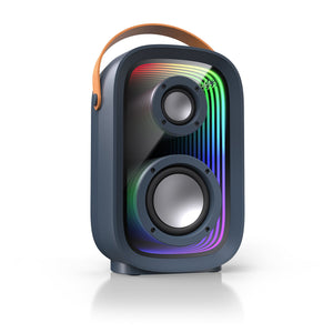 Three-quarter view of speaker with rainbow colored light show activated#color_dark-grey-chrome-tan