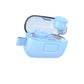 Tilted three-quarter angled view of earbud case open with one earbud hovering above it's indentation and the other locked into the case.#color_bop-blue