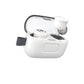 Tilted three-quarter angled view of earbud case open with one earbud hovering above it's indentation and the other locked into the case.#color_white-album