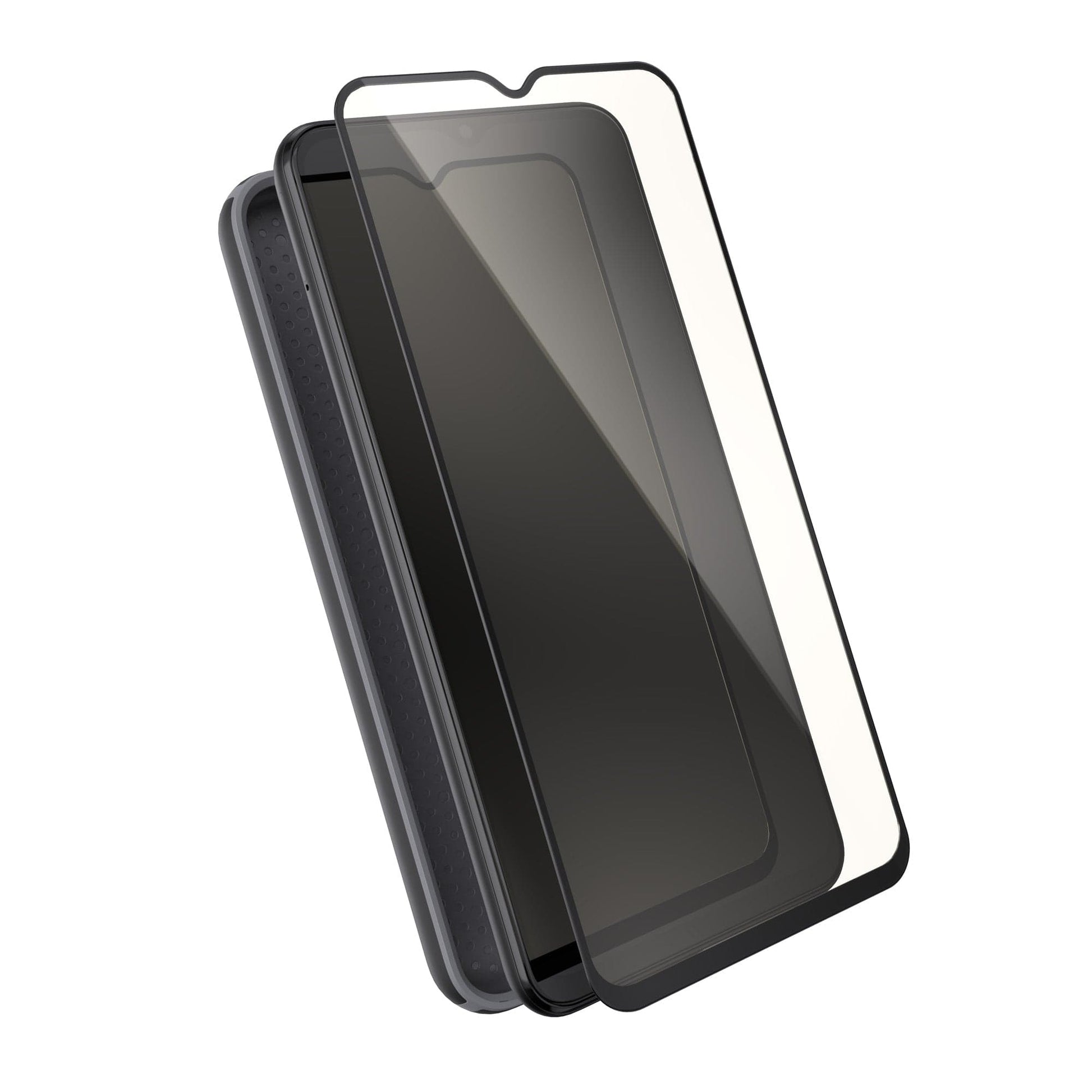 Three-quarter view of phone with case behind phone and screen protector above device screen.