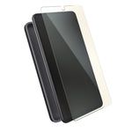Three-quarter view of phone with case behind phone and screen protector above device screen.