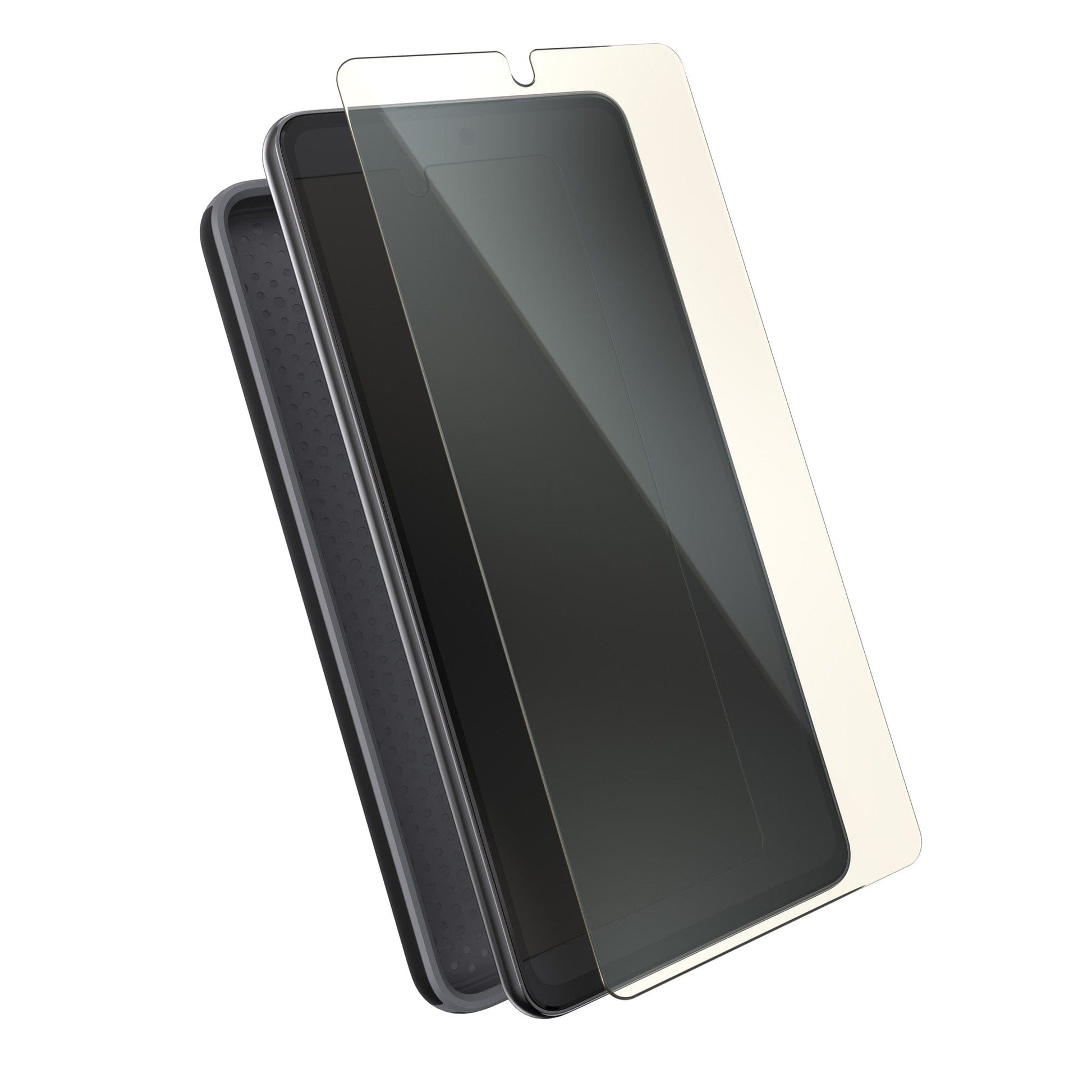 Three-quarter view of phone with case behind phone and screen protector above device screen.