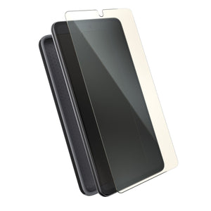Three-quarter view of phone with case behind phone and screen protector above device screen.