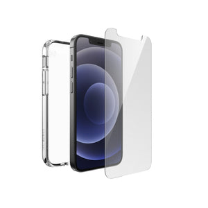 Three-quarter view of volume button side of phone with case behind phone and screen protector above device screen.