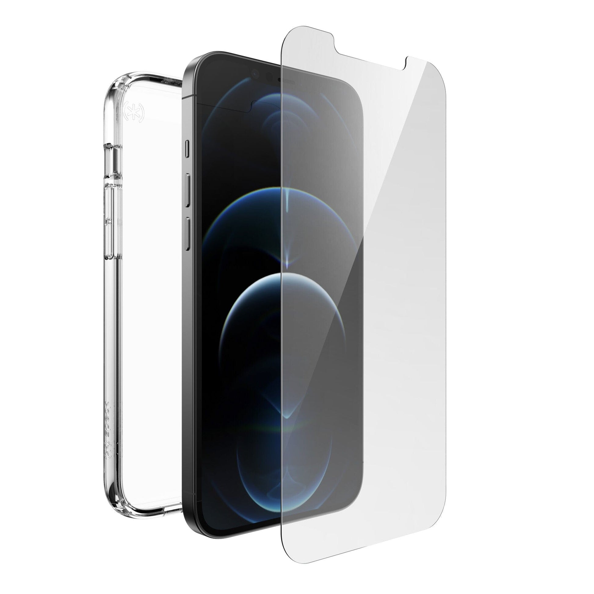 Three-quarter view of volume button side of phone with case behind phone and screen protector above device screen.