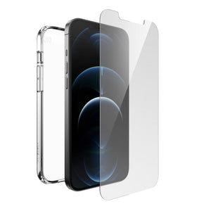 Three-quarter view of volume button side of phone with case behind phone and screen protector above device screen.
