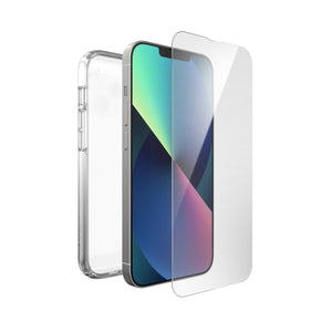 Three-quarter view of volume button side of phone with case behind phone and screen protector above device screen.#color_clear