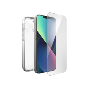 Three-quarter view of volume button side of phone with case behind phone and screen protector above device screen.#color_clear