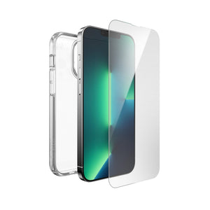 Three-quarter view of volume button side of phone with case behind phone and screen protector above device screen.#color_clear
