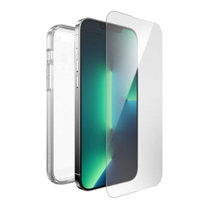 Three-quarter view of volume button side of phone with case behind phone and screen protector above device screen.#color_clear