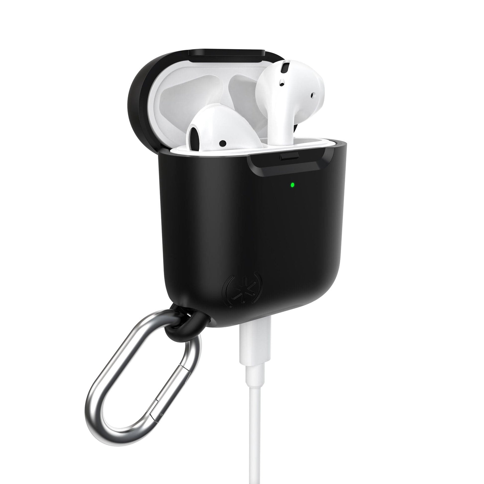 Three-quarter view of front of the case, with lid open and charge cable attached