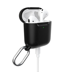 Three-quarter view of front of the case, with lid open and charge cable attached