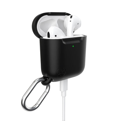 Three-quarter view of front of the case, with lid open and charge cable attached