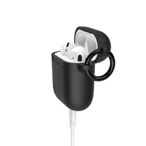 Three-quarter view of front of the case, with lid open and charge cable attached