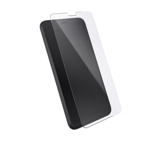 Three-quarter angled view device with screen protector hovering above screen.