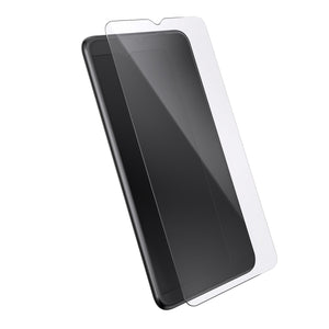 Three-quarter angled view device with screen protector hovering above screen.