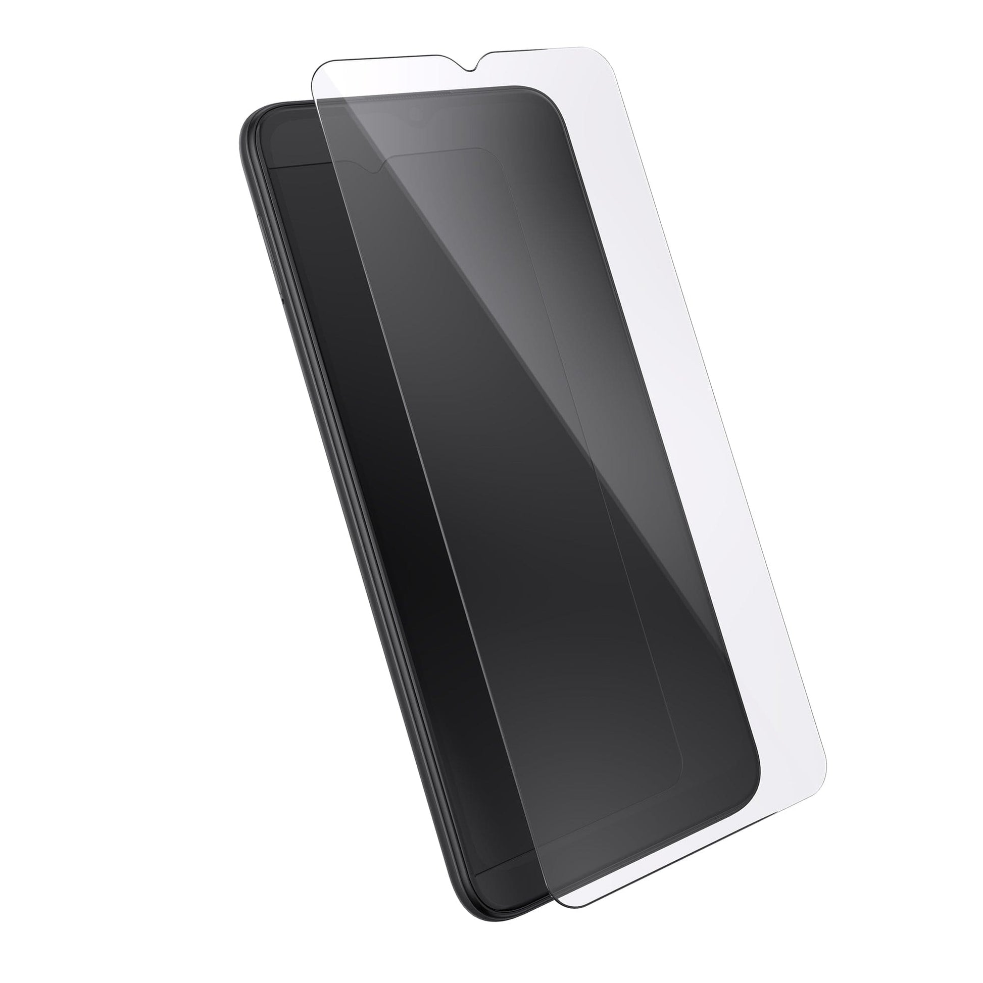 Three-quarter angled view device with screen protector hovering above screen.