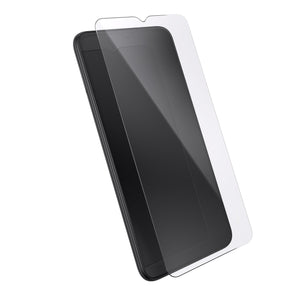 Three-quarter angled view device with screen protector hovering above screen.