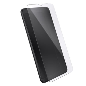 Three-quarter angled view device with screen protector hovering above screen.