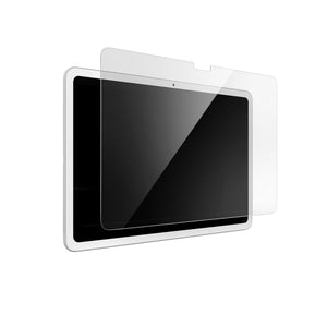 Three-quarter angled view device with screen protector hovering above screen.Three-quarter angled view device with screen protector hovering above screen.#color_clear