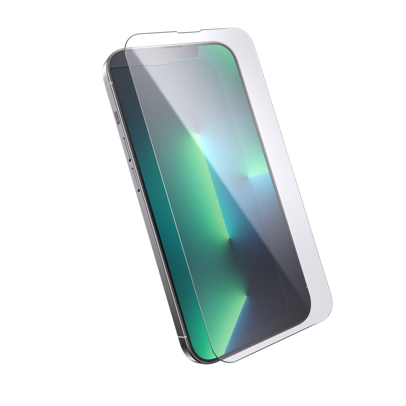 Three-quarter angled view of screen protector on above device screen.#color_clear