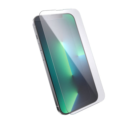 Three-quarter angled view of screen protector on above device screen.#color_clear