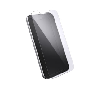 Three-quarter angled view of screen protector on above device screen.#color_clear