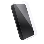 Three-quarter angled view device with screen protector hovering above screen.#color_clear