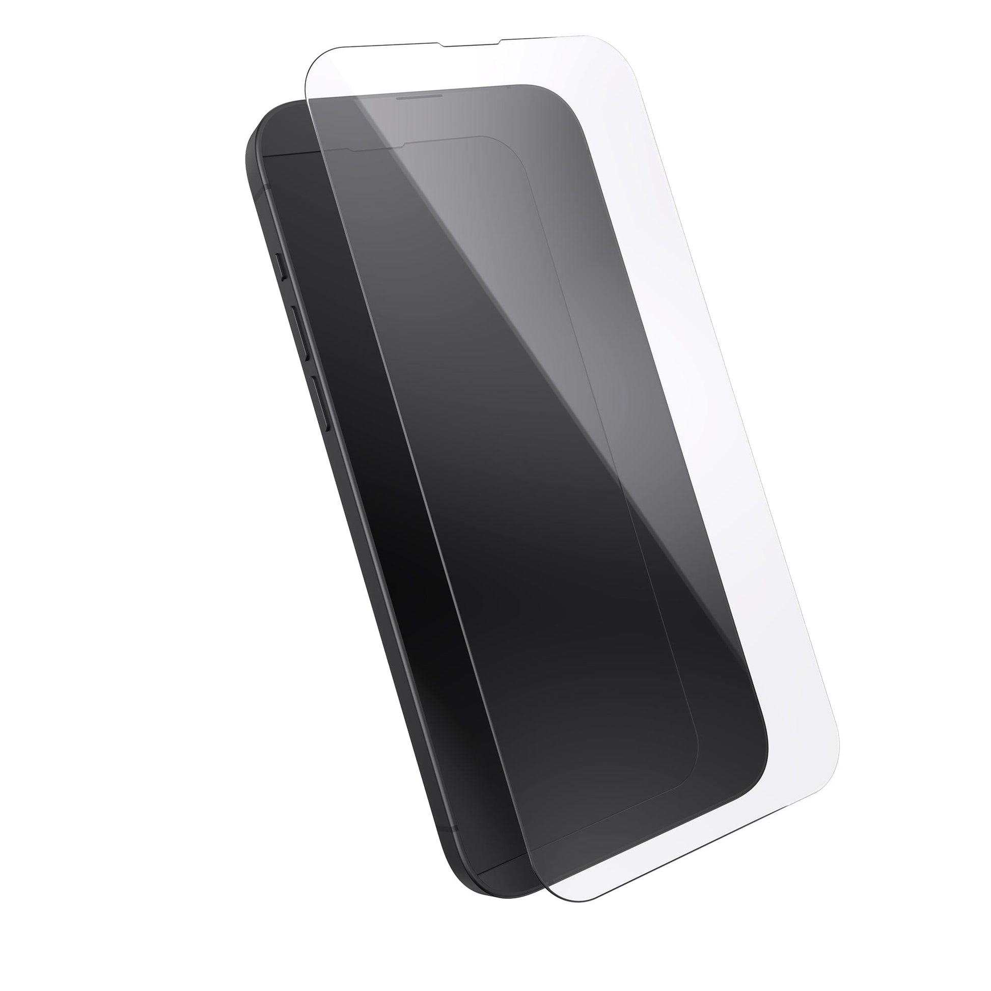 Three-quarter angled view device with screen protector hovering above screen.#color_clear