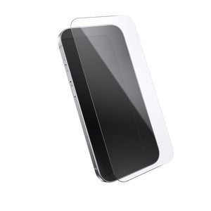Three-quarter angled view device with screen protector hovering above screen.#color_clear
