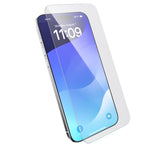 Three-quarter angled view device with screen protector hovering above screen.#color_clear