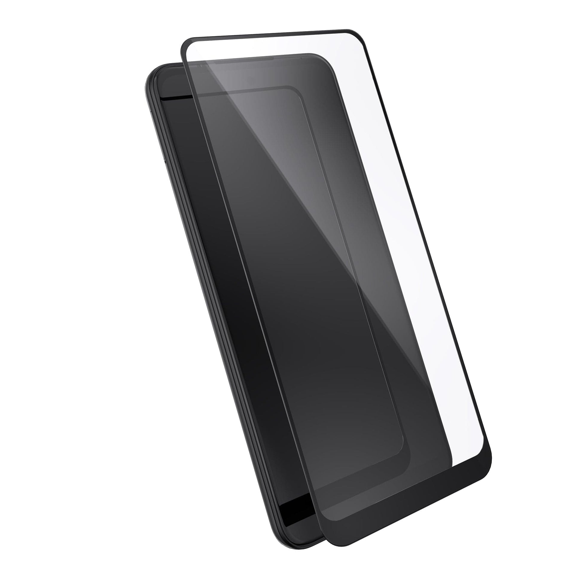 Three-quarter angled view device with screen protector hovering above screen.