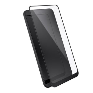 Three-quarter angled view device with screen protector hovering above screen.
