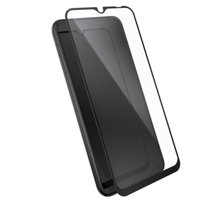 Three-quarter angled view device with screen protector hovering above screen.