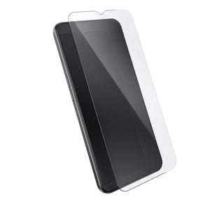 Three-quarter angled view device with screen protector hovering above screen.