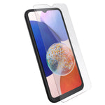 Three-quarter angled view device with screen protector hovering above screen.
