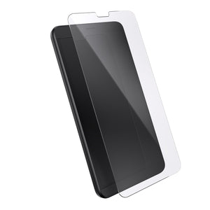 Three-quarter angled view device with screen protector hovering above screen.