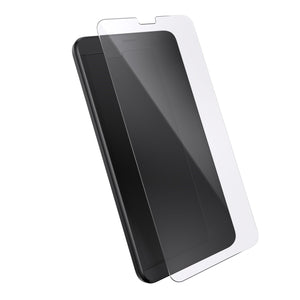 Three-quarter angled view device with screen protector hovering above screen.