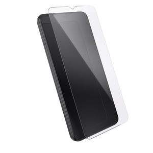 Three-quarter angled view device with screen protector hovering above screen.