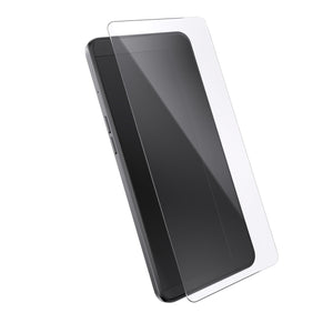 Three-quarter angled view device with screen protector hovering above screen.