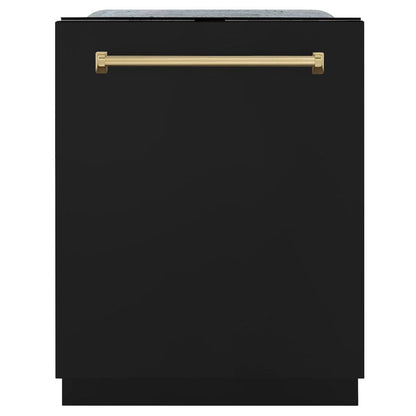 ZLINE Autograph Edition 24 in. Monument Series 3rd Rack Top Touch Control Tall Tub Dishwasher in Black Matte with Champagne Bronze Handle, 45dBa (DWMTZ-BLM-24-CB)