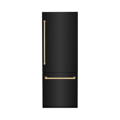 ZLINE Autograph Edition 30 in. 16.1 cu. ft. Built-In Bottom Freezer Refrigerator with Water Dispenser and Ice Maker in Black Stainless Steel with Polished Gold Accents (RBIVZ-BS-30-G)