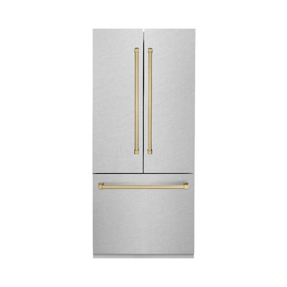 ZLINE Autograph Edition 36 in. 19.6 cu. ft. French Door Built-In Bottom Freezer Refrigerator with Water Dispenser and Ice Maker in DuraSnow® Stainless Steel with Champagne Bronze Accents (RBIVZ-SN-36-CB)